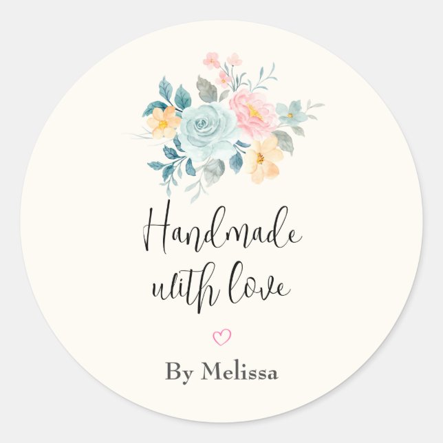 Adesivo Redondo Feita à mão com Buquê rosa e azul (Frente)