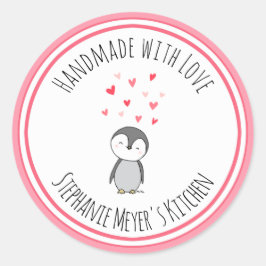 Adesivo Redondo Feita à mão com coração de pinguim bonitinho desen