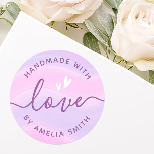 Adesivo Redondo Feita à mão com corações de amor adiciona nome