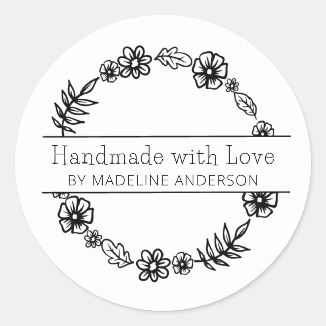Adesivo Redondo Feita à mão com Love Round Floral (Frente)