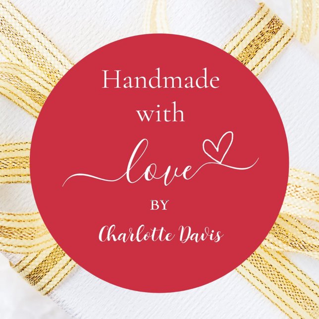 Adesivo Redondo Feita à mão com nome vermelho de amor (Criador carregado)