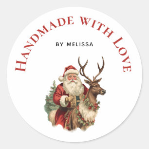 Adesivo Redondo Feita à mão com o Retro Papai Noel e Reindeer
