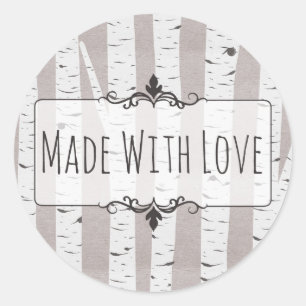 Adesivo Redondo Feita Com Amor, Árvores E Ramos De Madeira Rústico