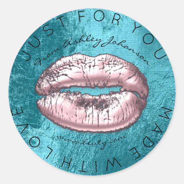 Adesivo Redondo Feita Com Amor Com Lábios De Maquiagem De Turquesa (Frente)