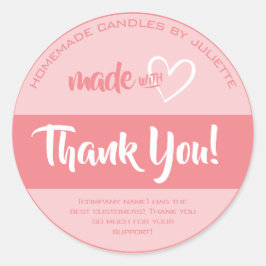 Adesivo Redondo Feita com Amor Coração Obrigado Rotulagem Rosa