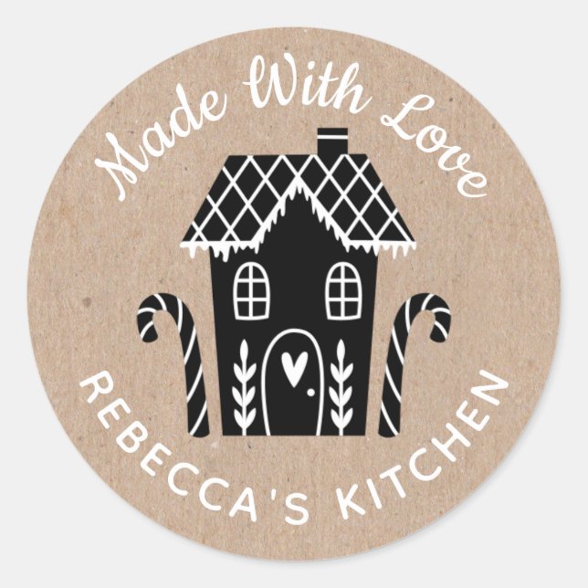 Adesivo Redondo Feita com Amor, Kraft Natal Clássico, Pau Redondo (Frente)