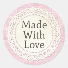 Adesivo Redondo Feita com amor, Lugar Russo de Campo Doily em Burl