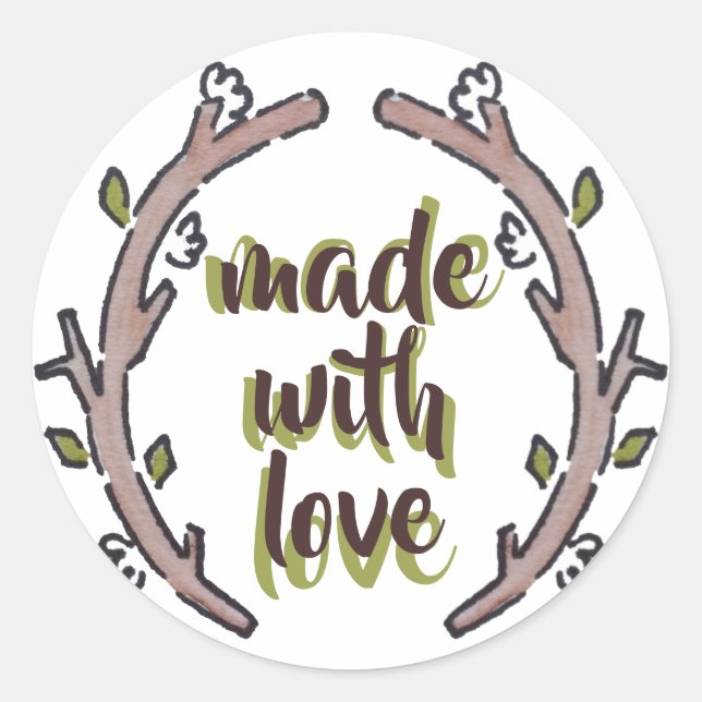 Adesivo Redondo Feita com Amor Natureza Rústica Botânica Artística (Frente)