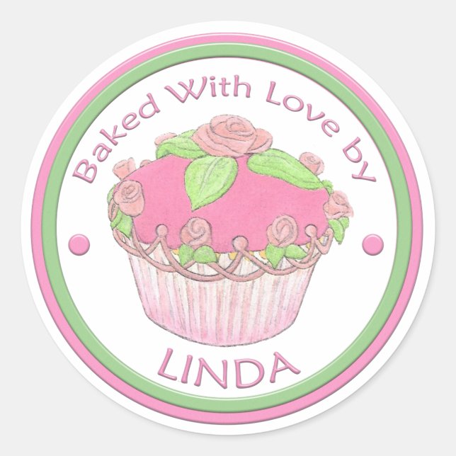 Adesivo Redondo Feita com amor Personalizado Sticker~CUPCAKE ROSA (Frente)