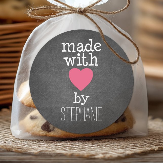 Adesivo Redondo Feita com amor por você - rosa quente e quadro (Custom Sticker for Party Favors or Envelopes)