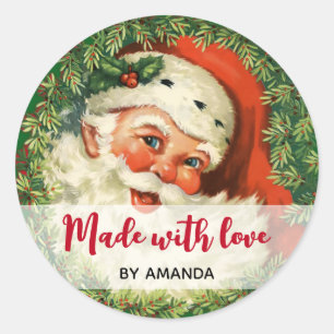 Adesivo Redondo Feita com amor, Vintage Papai Noel e Pine Wreath