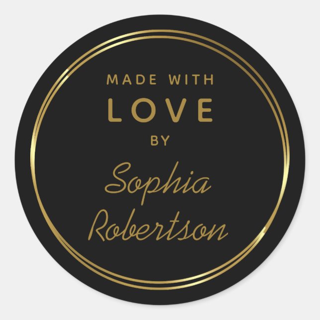 Adesivo Redondo Feita com o Amor, Círculos Dourados Personalizados (Frente)