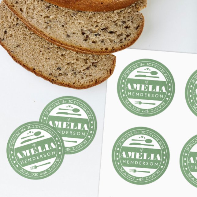 Adesivo Redondo Feita com papel kraft verde para Presente de Comid (custom homemade treats gift sticker from the kitchen and made with love)