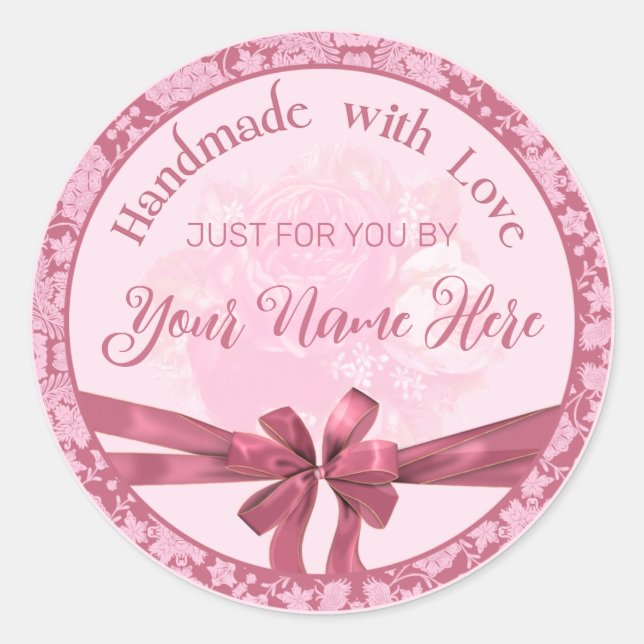 Adesivo Redondo Feitas à mão com selos personalizados amorosos, ad (Frente)