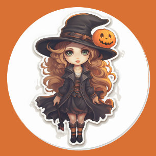 Adesivo Redondo Feiticeira e Abóbora Trick ou Tratar Halloween