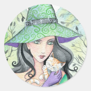 Adesivo Redondo Feiticeira Verde do Halloween e palitos laranja