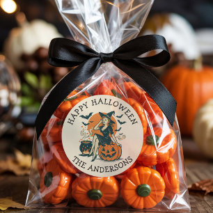 Adesivo Redondo Feiticeira Vintage do Halloween nos Bats de Pumpki