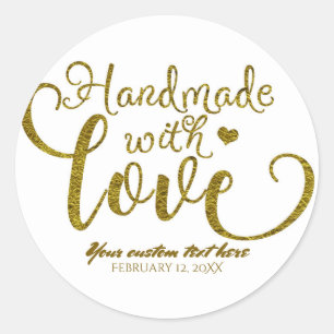 Adesivo Redondo Feito à Mão com Amor Chic Dourado Aparência de Fol