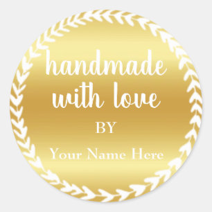 Adesivo Redondo Feito à Mão Com AMOR Dourado Com Branco