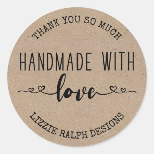 Adesivo Redondo Feito à Mão com Amor Look Kraft Personalizado Obri
