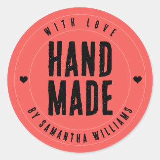 Adesivo Redondo Feito à Mão com Amor Rosa Coral Personalizado Arte