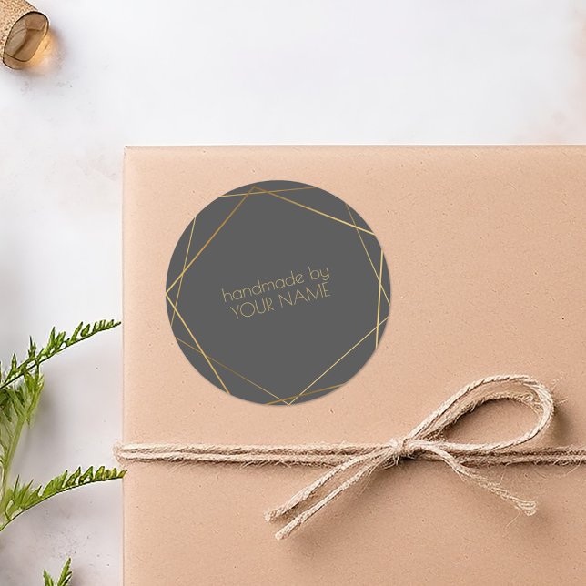 Adesivo Redondo Feito à mão com efeito dourado geométrico cinza (Handmade by grey geometric gold effect classic round sticker)