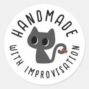 Adesivo Redondo Feito à Mão com Improvisação Desenho de Gato Preto