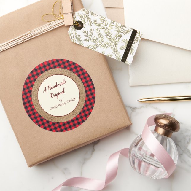 Adesivo Redondo Feito à Mão por Você Xadrez Búfalo Vermelho e ania (Presentear)