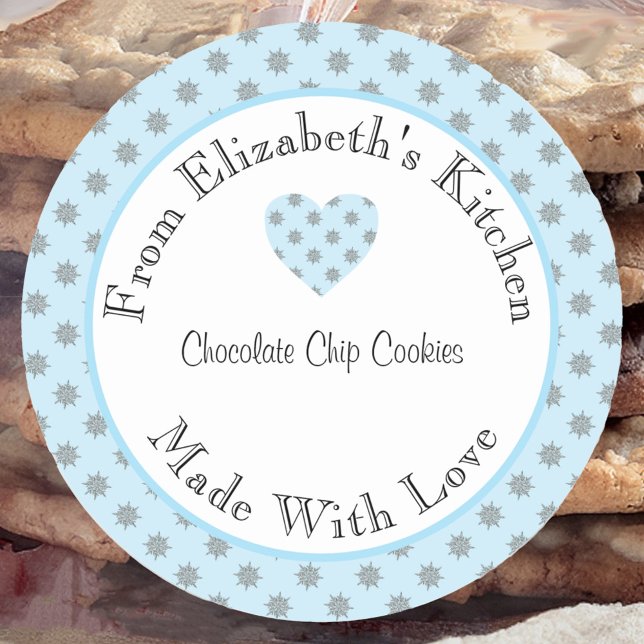 Adesivo Redondo Feito Com Amor Flocos de Neve Azuis Presente Casei (Criador carregado)