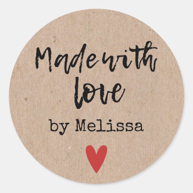 Adesivo Redondo Feito Com Amor, Kraft Personalizado (Frente)