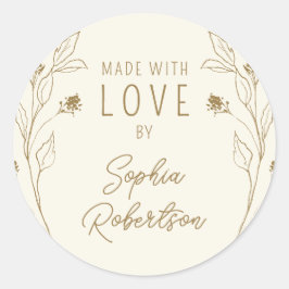 Adesivo Redondo Feito com Amor Linha Arte Personalizada Dourado em