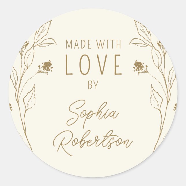 Adesivo Redondo Feito com Amor Linha Arte Personalizada Dourado em (Frente)