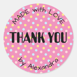 Adesivo Redondo FEITO com AMOR personalizado bolinhas