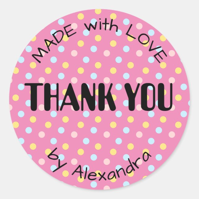 Adesivo Redondo FEITO com AMOR personalizado bolinhas (Frente)