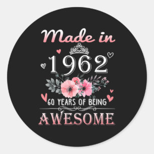 Adesivo Redondo Feito Em 1962, Presente Floral De 60 Anos, 60 Anos
