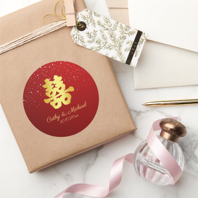 Adesivo Redondo Felicidade dupla do floco de neve vermelho-chinês (Presentear)