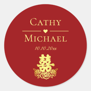 Adesivo Redondo Felicidade dupla elegante rosa do casamento chinê