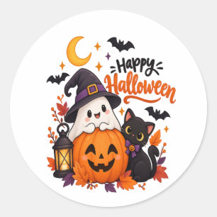 Adesivo Redondo Felicidade Fantasma de Halloween Adorável Abóbora 