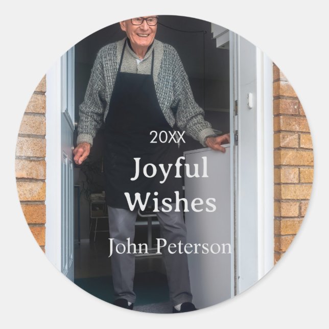 Adesivo Redondo Felicidades adicionam nome foto homem feriado ano  (Frente)