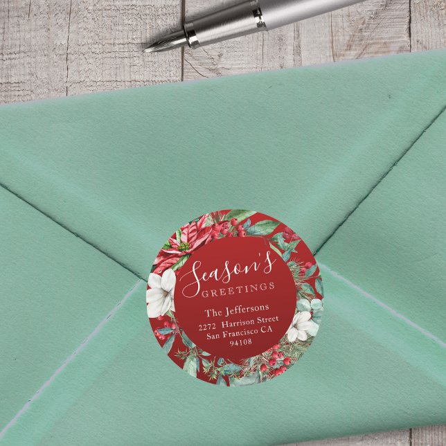 Adesivo Redondo Felicidades da temporada Natal Vermelho (Season's Greetings Red Christmas Classic Round Sticker
)