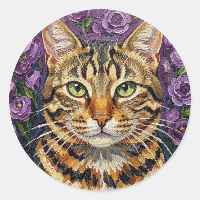 Adesivo Redondo Feline and Floral | Cute Artistic Gray Tabby Cat (Frente)