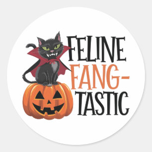 Adesivo Redondo Feline Fang-tastic Halloween Vamire Cat Design