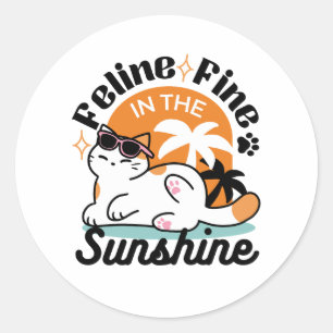 Adesivo Redondo Feline Fine no Sol - Gato Tropical Relaxado