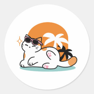 Adesivo Redondo Feline Fine no Sol - Gato Tropical Relaxado