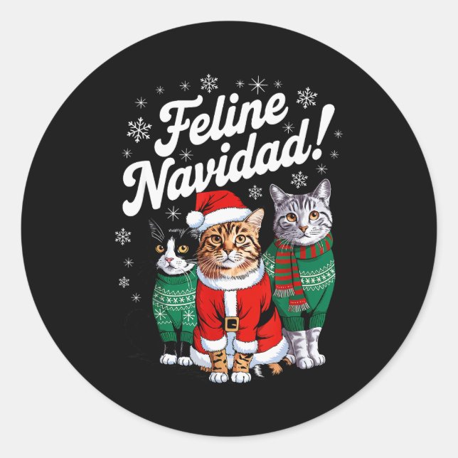 Adesivo Redondo Feline Navidad Funny Cat Christmas Holiday Xmas Sa (Frente)