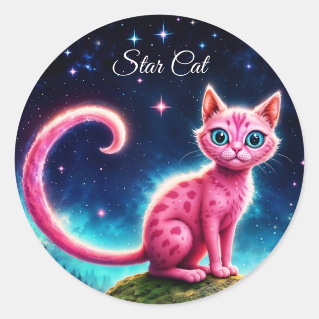 Adesivo Redondo Felino de olhos azuis mágicos sob estrelas brilhan (Frente)