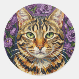 Adesivo Redondo Felino e Floral | Gato Tabby Cinza Artístico Fofo