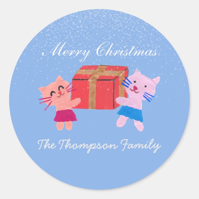 Adesivo Redondo Felinos bonitos com caixa de presentes azul (Frente)