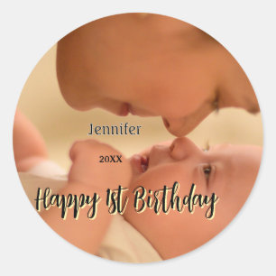 Adesivo Redondo Feliz 1º aniversário crianças bebê mãe preto amare