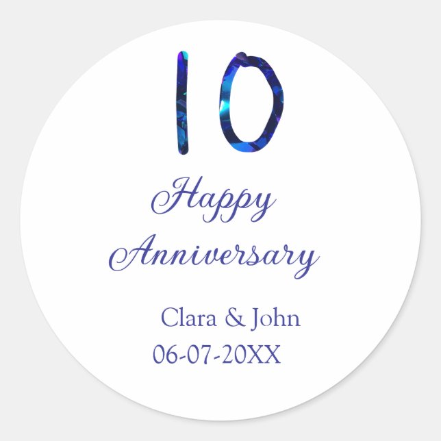 Adesivo Redondo Feliz 10º aniversário brilho azul adicionar nome d (Frente)